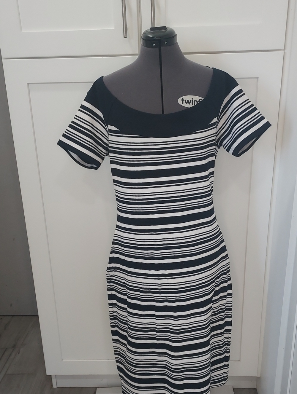 Michael Kors Black and White Striped Midi Dress